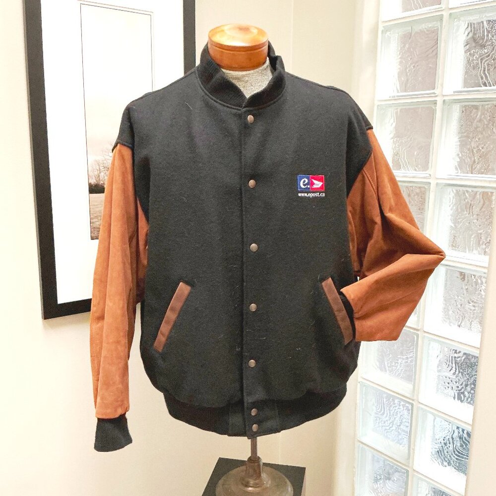 Men's Bomber Baseball Jacket, Size XL, Black & Brown Leather Sleeves, Logo EPOST